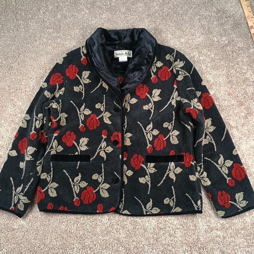 Vintage Victoria Holley Black Fleece Velvet Sweater Cardigan Rose Goth Medium